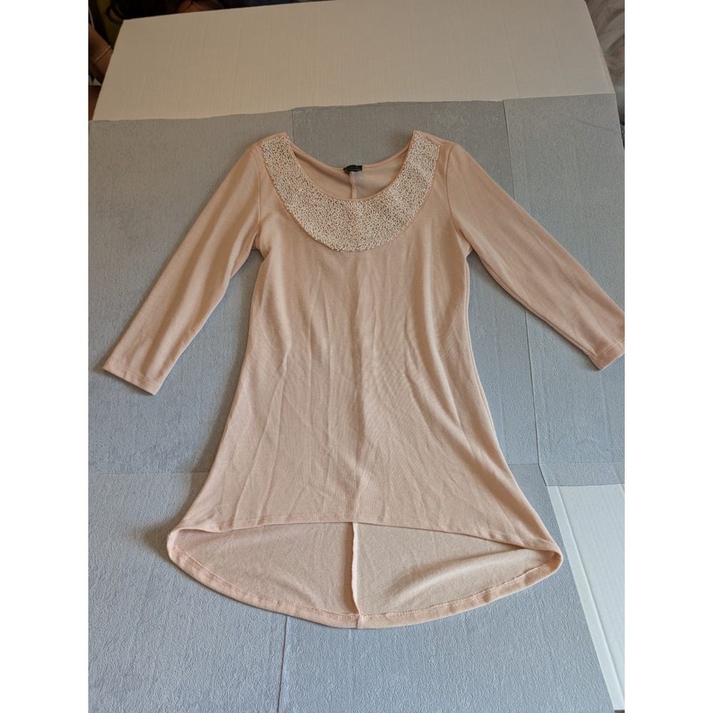 Lavanya Beaded Neck Tunic Top Women's Small Blush Pink 3/4 Sleeve High Low Hem